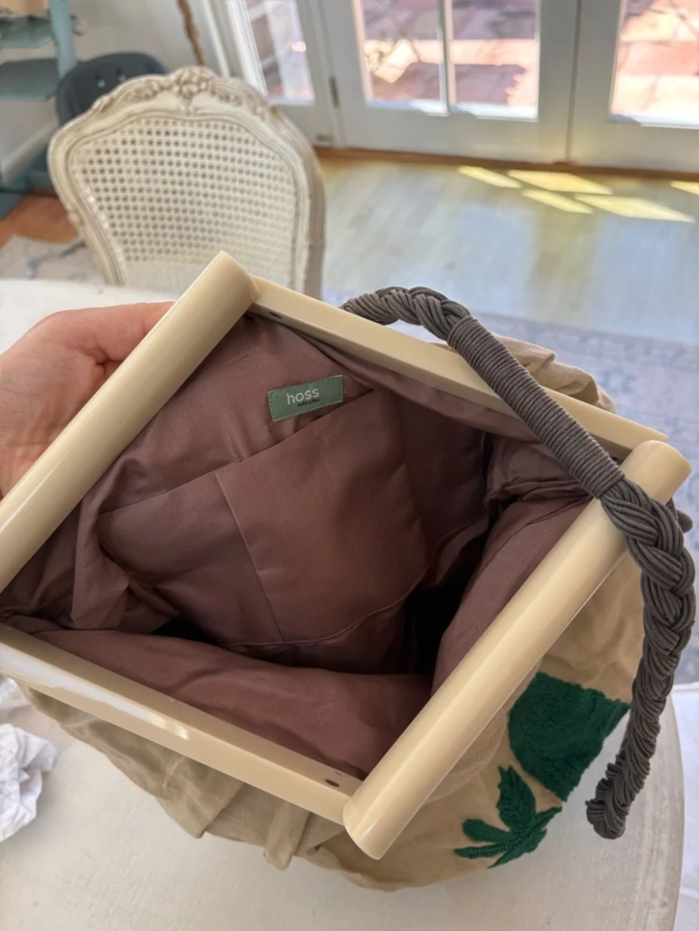 Beige Shoulder Bag with Green Peacock Embroidery